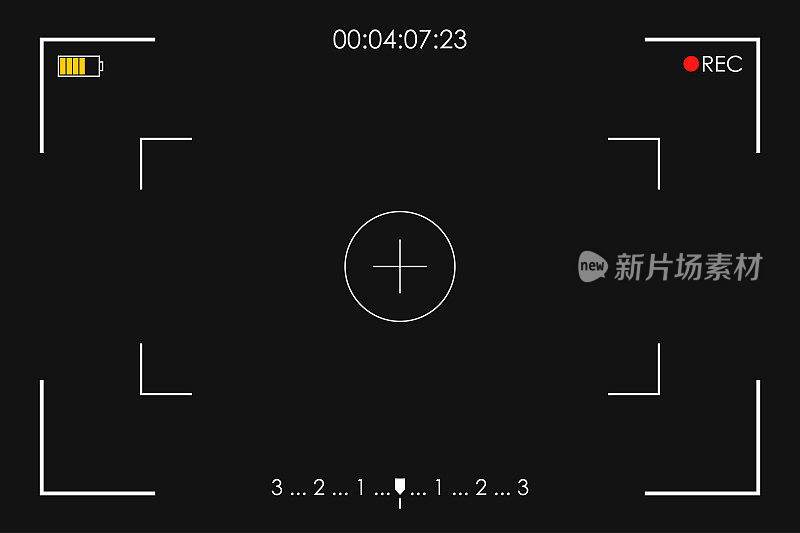 Camera frame viewfinder. Screen of video recorder, video camera digital display template on black background.
